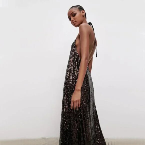 Zara Festive Sequin Halter Maxi Dress Brown NWT Size Small - Picture 5 of 12